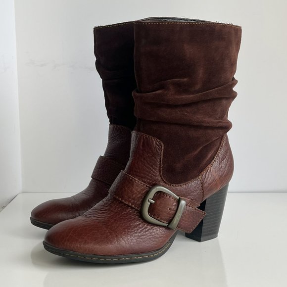 BOC BORN Chocolate Brown Leather Boho Buckle Pull On Mid Calf Block Heel Boots - Picture 3 of 14